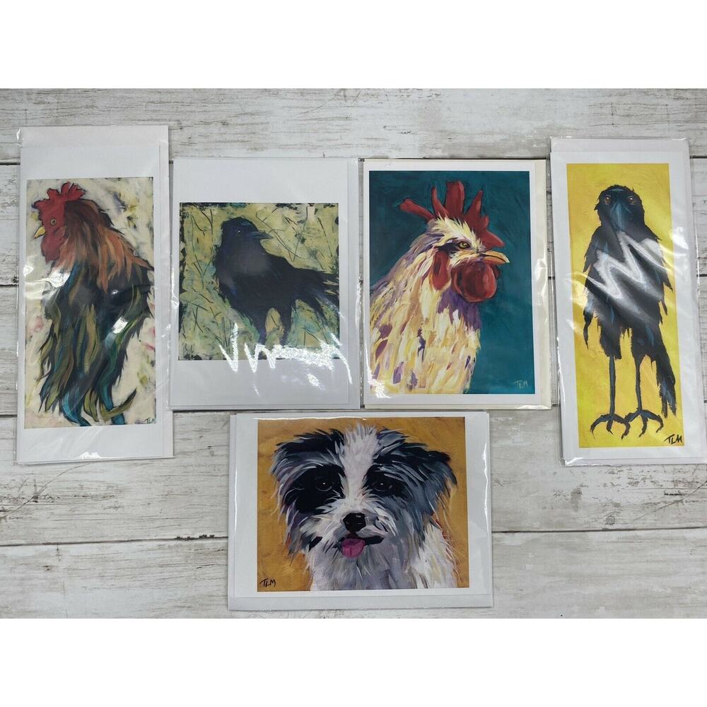 Lot of 5 ART Greeting Cards Roosters Crows Dog Art by Terry MacDonald W/Envelope